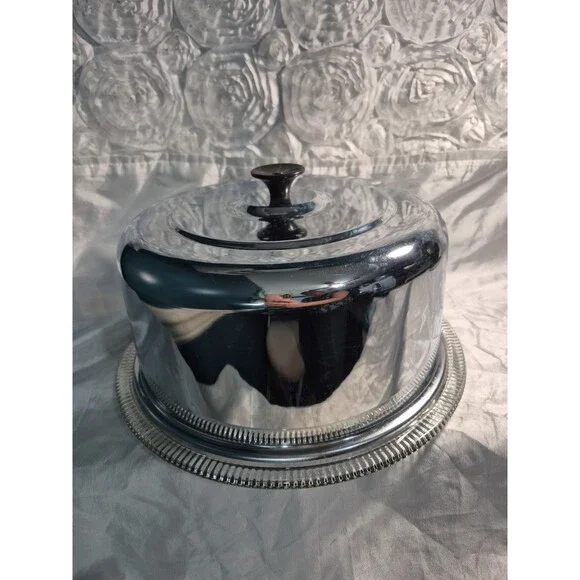 VTG Glass Cake Plate Stainless Steel Dome Lid Covered Dish Ribbed Footed 12" - Picture 2 of 16